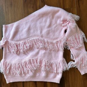 Peach Love California Off-the-Shoulder Pink Fringe Sweater